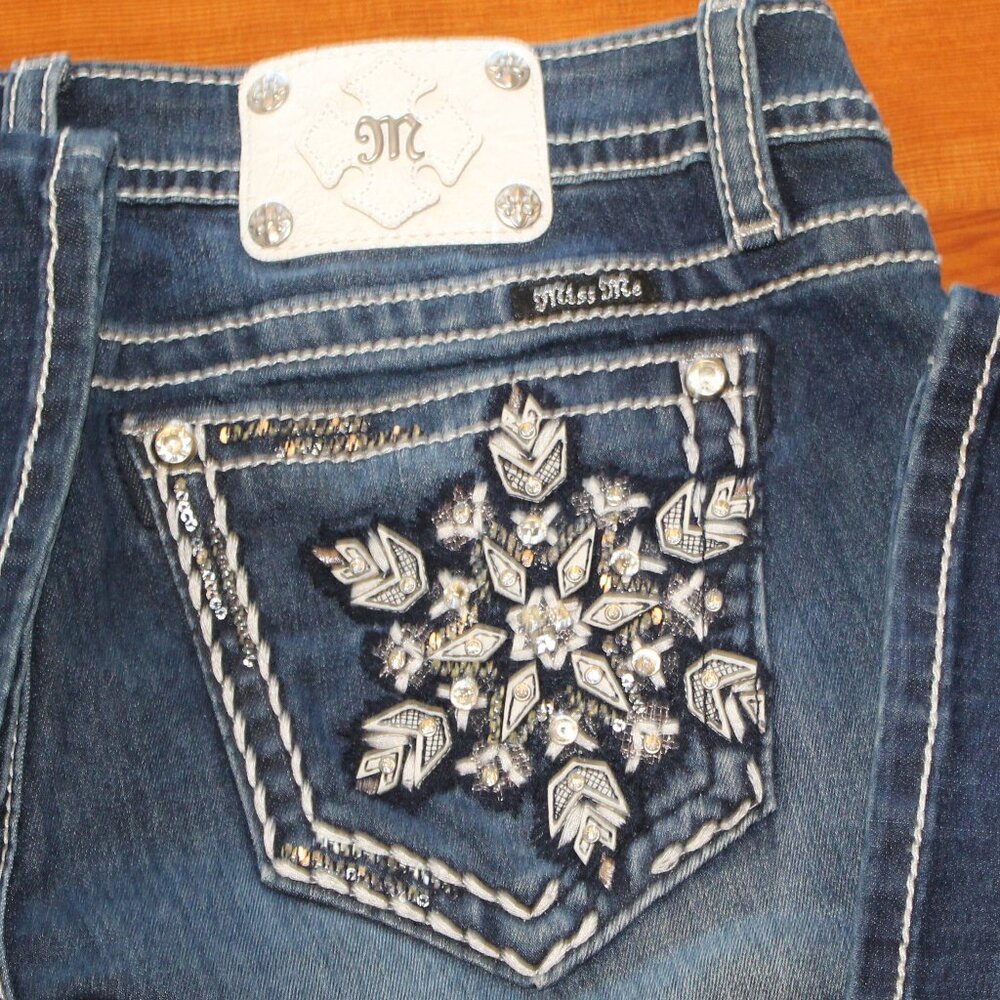 NWT RARE MISS ME SIGNATURE BOOT RHINESTONE LEATHER EMBROIDERED POCKETS SIZE32/34 - Picture 12 of 14